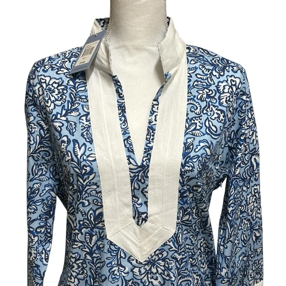 NWT SAIL TO SABLE 100% Cotton Blue & White Tunic Midi Kaftan Dress Size L - Picture 4 of 16